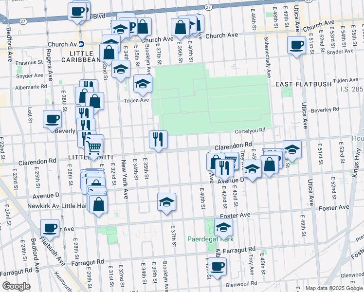 map of restaurants, bars, coffee shops, grocery stores, and more near 3801 Clarendon Road in Brooklyn