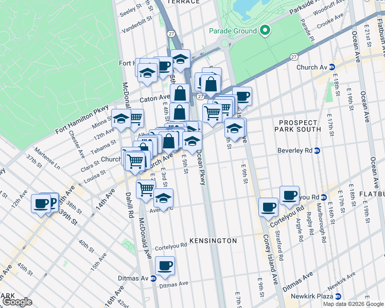 map of restaurants, bars, coffee shops, grocery stores, and more near 421 Church Avenue in Brooklyn
