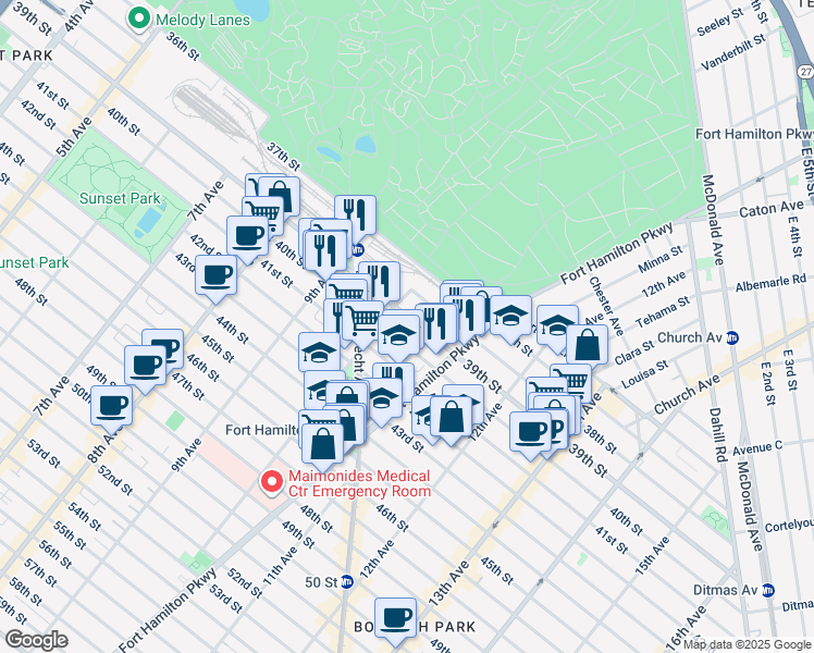 map of restaurants, bars, coffee shops, grocery stores, and more near 1036 39th Street in Brooklyn