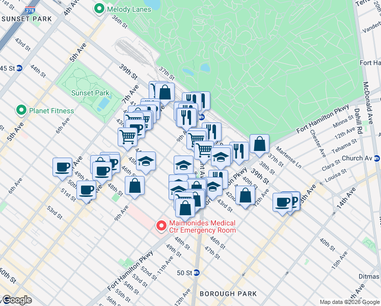 map of restaurants, bars, coffee shops, grocery stores, and more near 952 41st Street in Brooklyn