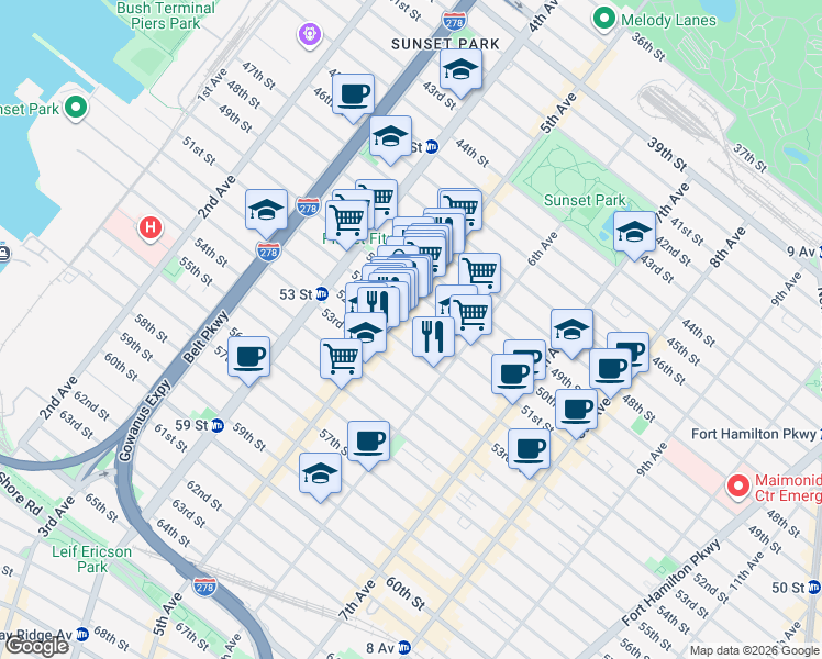 map of restaurants, bars, coffee shops, grocery stores, and more near 534 51st Street in Brooklyn