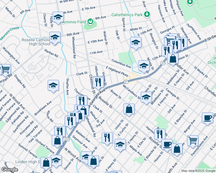 map of restaurants, bars, coffee shops, grocery stores, and more near 645 New Jersey 27 in Roselle