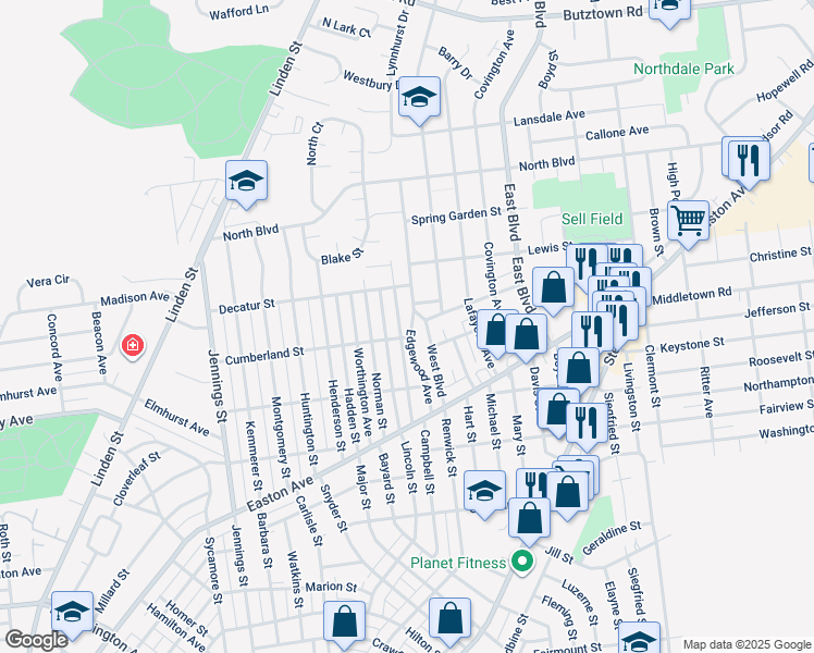 map of restaurants, bars, coffee shops, grocery stores, and more near 2205 Edgewood Avenue in Bethlehem