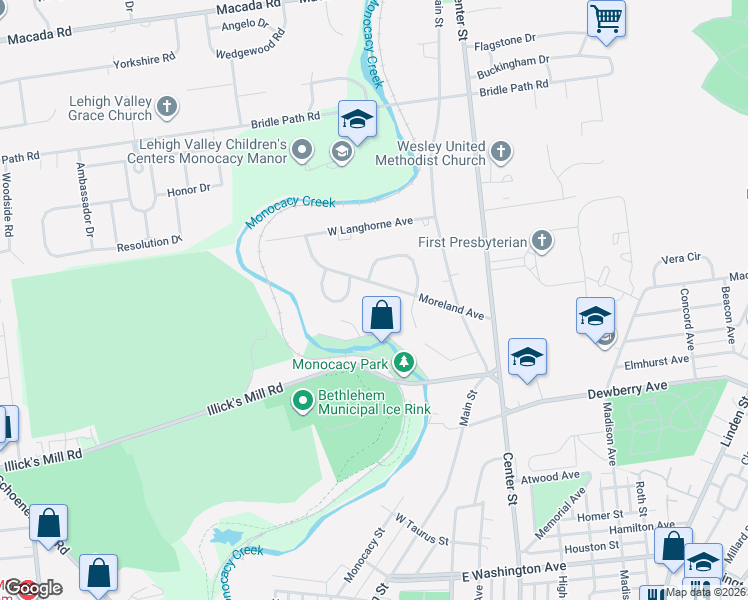 map of restaurants, bars, coffee shops, grocery stores, and more near 131 Moreland Avenue in Bethlehem