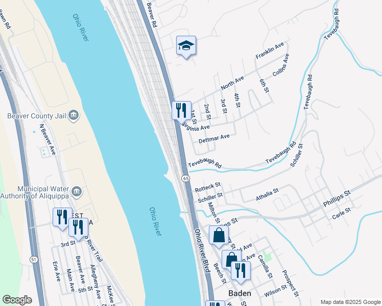 map of restaurants, bars, coffee shops, grocery stores, and more near 825 Riverview Avenue in Baden