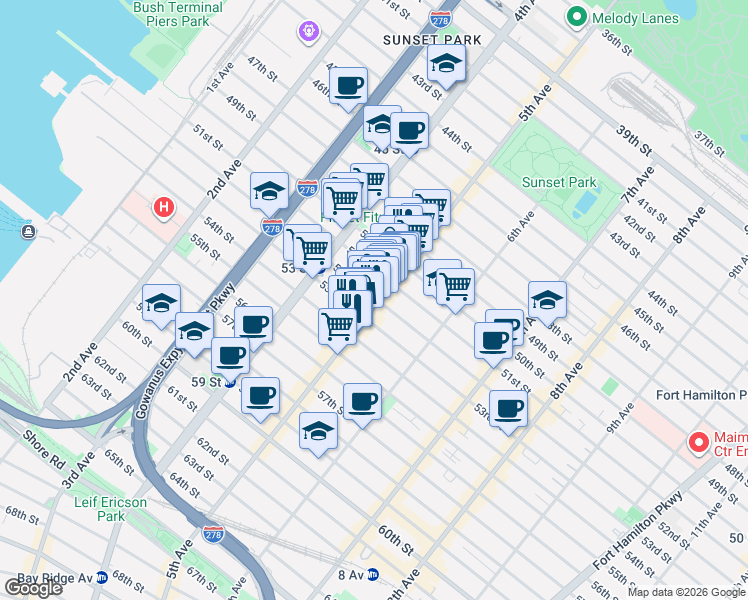 map of restaurants, bars, coffee shops, grocery stores, and more near 5200-5298 5th Avenue in Brooklyn