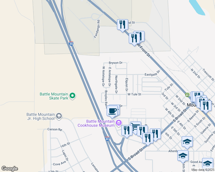 map of restaurants, bars, coffee shops, grocery stores, and more near 638 Broyles Ranch Road in Battle Mountain