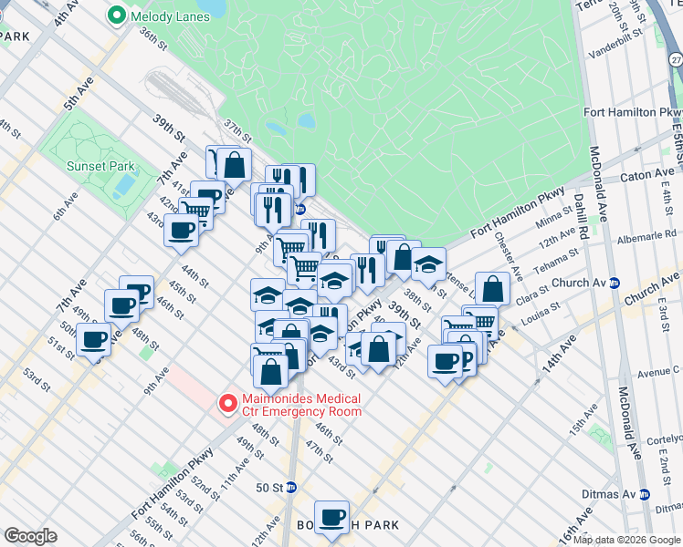 map of restaurants, bars, coffee shops, grocery stores, and more near 1036 39th Street in Brooklyn