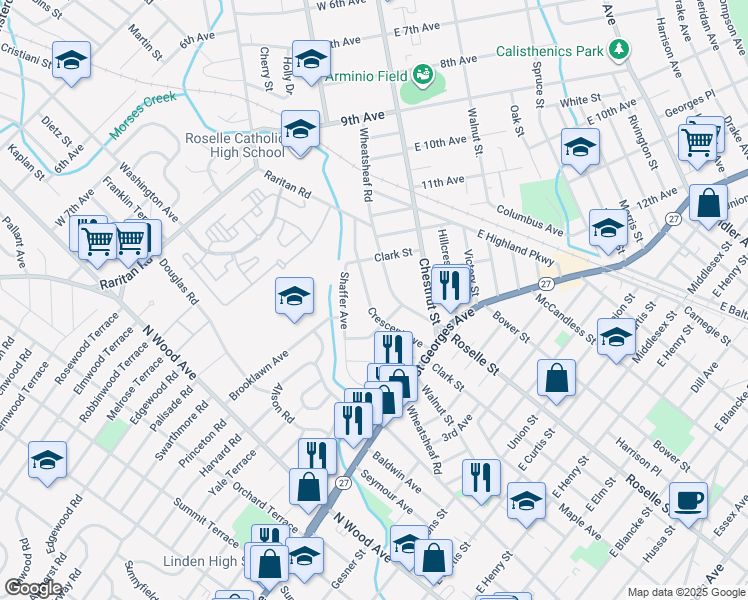 map of restaurants, bars, coffee shops, grocery stores, and more near 1281 Crescent Avenue in Roselle