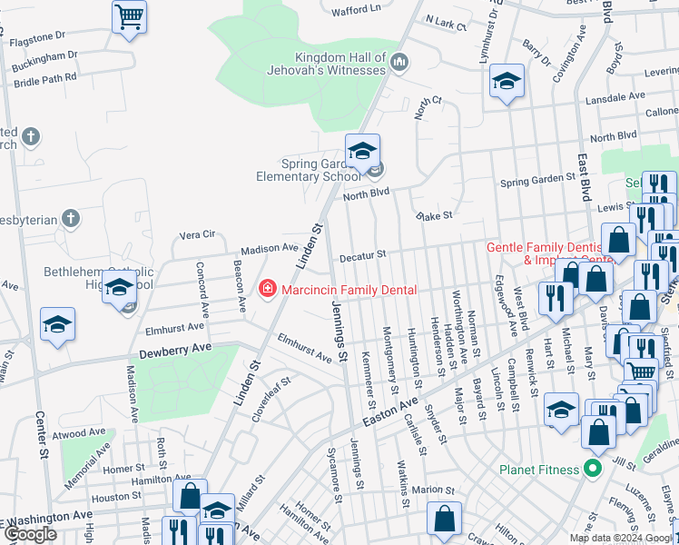 map of restaurants, bars, coffee shops, grocery stores, and more near 2236 Jennings Street in Bethlehem