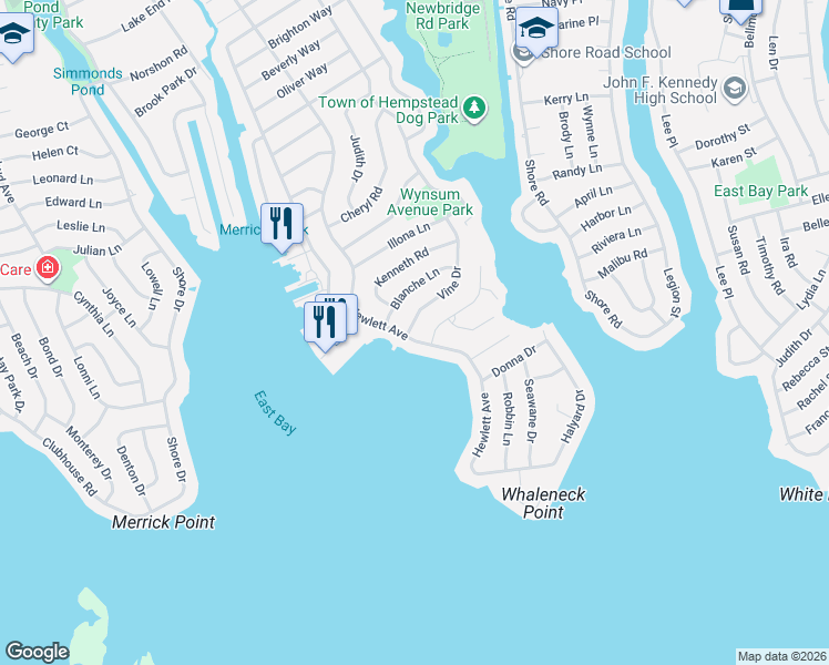 map of restaurants, bars, coffee shops, grocery stores, and more near 3224 Wynsum Avenue in Merrick