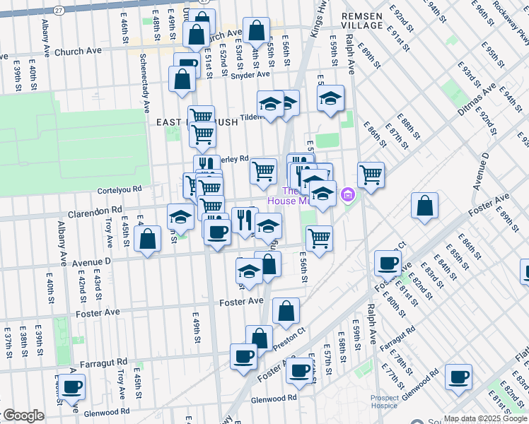 map of restaurants, bars, coffee shops, grocery stores, and more near 586 East 54th Street in Brooklyn