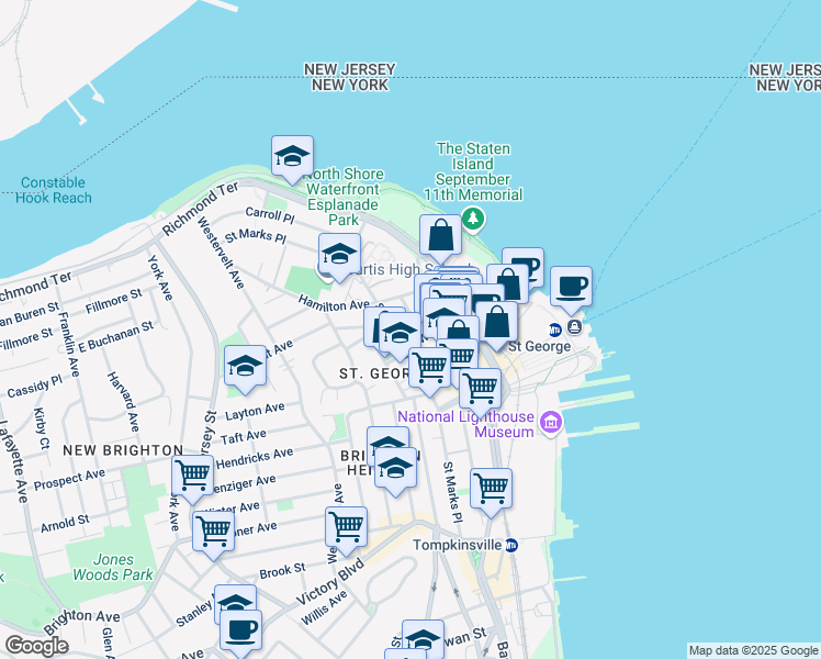 map of restaurants, bars, coffee shops, grocery stores, and more near 34 Academy Place in Staten Island