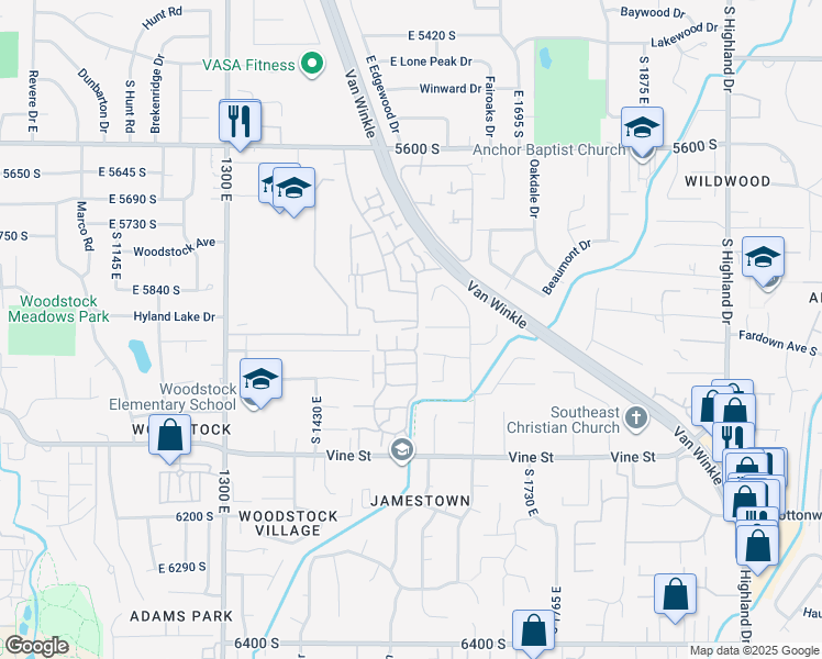 map of restaurants, bars, coffee shops, grocery stores, and more near 5895 South in Murray