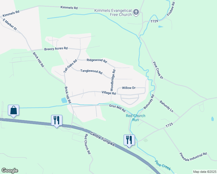 map of restaurants, bars, coffee shops, grocery stores, and more near 2703 Village Road in Orwigsburg