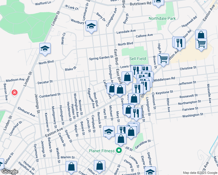 map of restaurants, bars, coffee shops, grocery stores, and more near 2152 Lafayette Ave in Bethlehem
