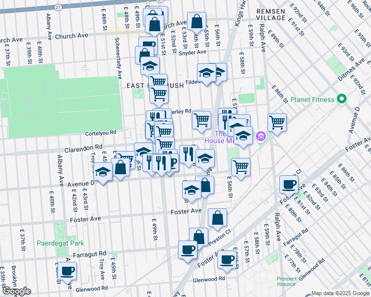map of restaurants, bars, coffee shops, grocery stores, and more near 665 East 52nd Street in Brooklyn