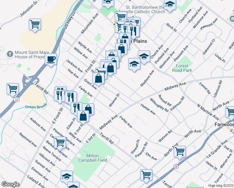 map of restaurants, bars, coffee shops, grocery stores, and more near 548 Hunter Avenue in Scotch Plains