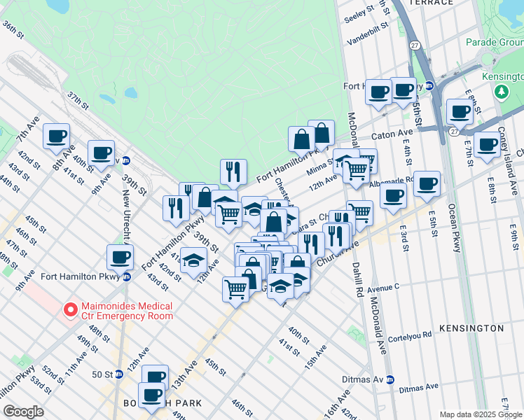 map of restaurants, bars, coffee shops, grocery stores, and more near 3550 12th Avenue in Brooklyn