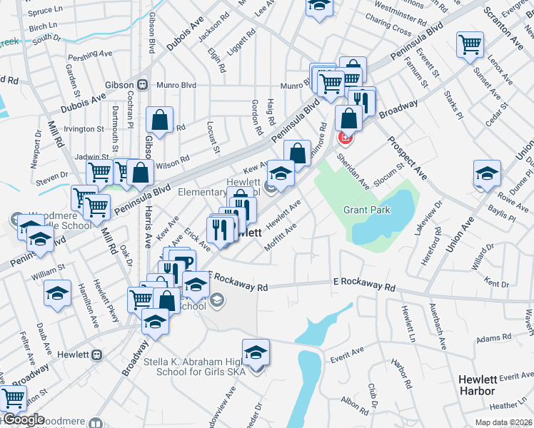 map of restaurants, bars, coffee shops, grocery stores, and more near 1552 Hewlett Avenue in Hewlett