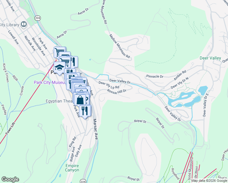map of restaurants, bars, coffee shops, grocery stores, and more near 575 Rossie Hill Drive in Park City