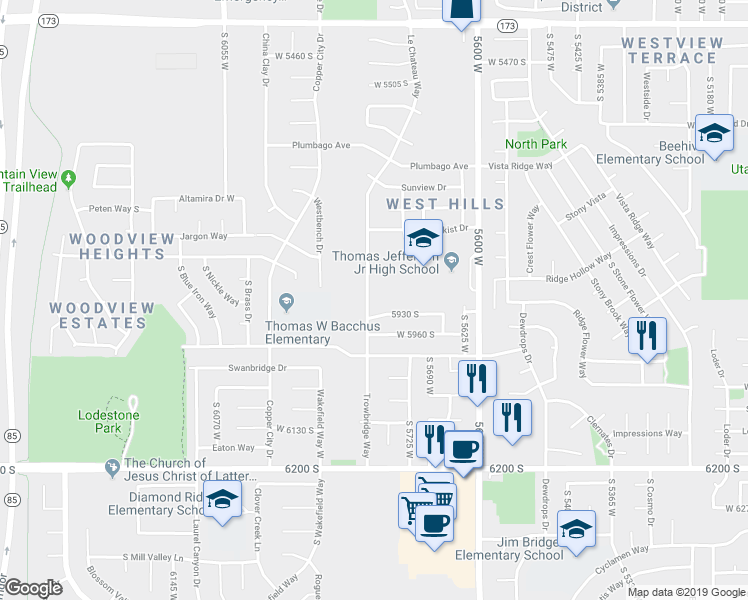 map of restaurants, bars, coffee shops, grocery stores, and more near 5897 Trowbridge Way in Kearns