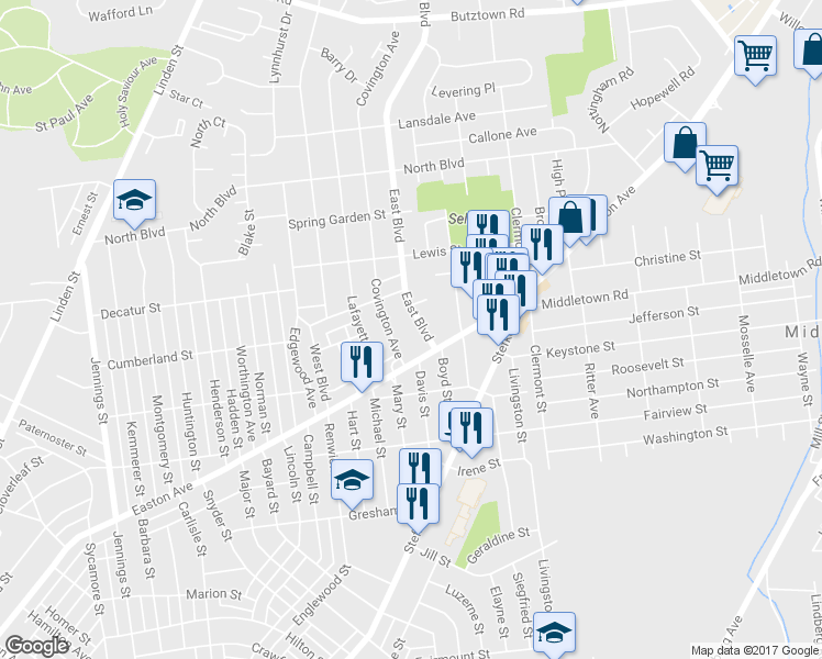 map of restaurants, bars, coffee shops, grocery stores, and more near 2131 East Boulevard in Bethlehem