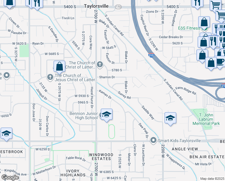 map of restaurants, bars, coffee shops, grocery stores, and more near 2571 Surrey Road in Salt Lake City