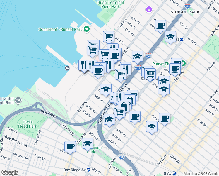 map of restaurants, bars, coffee shops, grocery stores, and more near 247 58th Street in Brooklyn