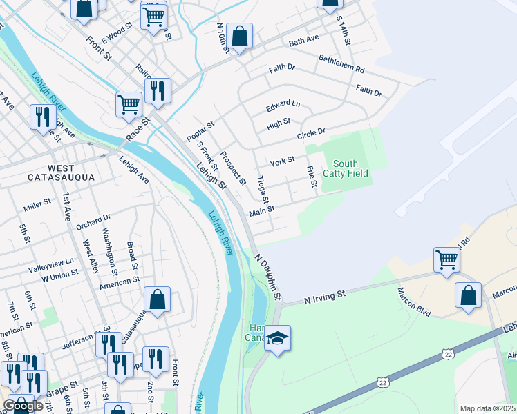 map of restaurants, bars, coffee shops, grocery stores, and more near 138 Main St in Catasauqua