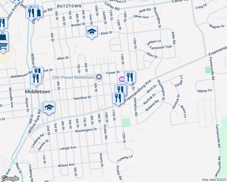 map of restaurants, bars, coffee shops, grocery stores, and more near 1910 11th Street in Bethlehem