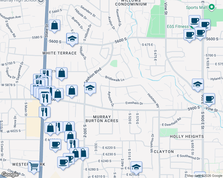 map of restaurants, bars, coffee shops, grocery stores, and more near 5807 Ayrshire Drive in Murray