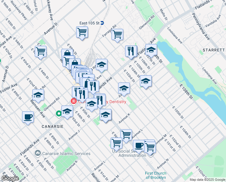map of restaurants, bars, coffee shops, grocery stores, and more near 954 East 100th Street in Brooklyn