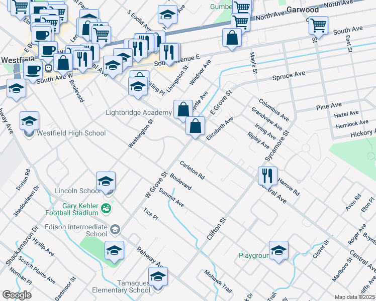 map of restaurants, bars, coffee shops, grocery stores, and more near 127 West Grove Street in Westfield