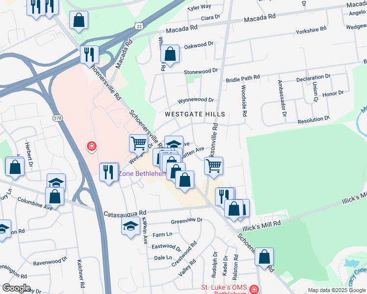 map of restaurants, bars, coffee shops, grocery stores, and more near 1427 Lane Avenue in Bethlehem