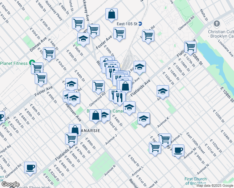 map of restaurants, bars, coffee shops, grocery stores, and more near 179 Conklin Avenue in Brooklyn