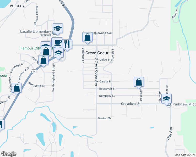 map of restaurants, bars, coffee shops, grocery stores, and more near 516 South Creve Coeur Avenue in Creve Coeur