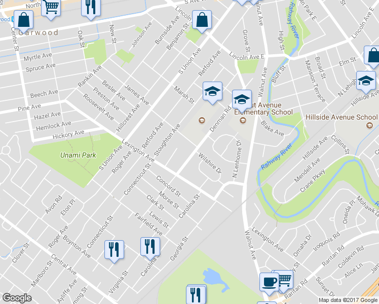 map of restaurants, bars, coffee shops, grocery stores, and more near 301 Denman Road in Cranford