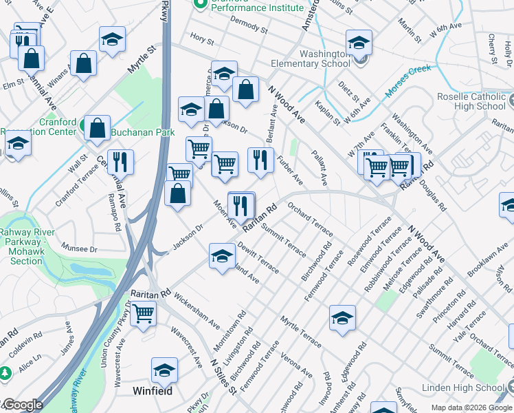map of restaurants, bars, coffee shops, grocery stores, and more near 145 Berwood Avenue in Linden