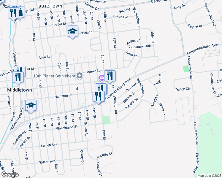 map of restaurants, bars, coffee shops, grocery stores, and more near 1905 14th Street in Bethlehem