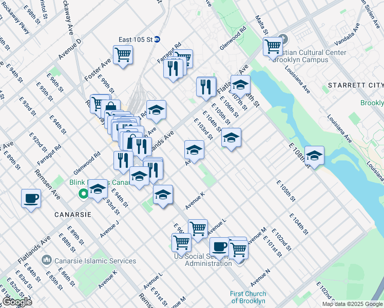 map of restaurants, bars, coffee shops, grocery stores, and more near 10023 Avenue J in Brooklyn