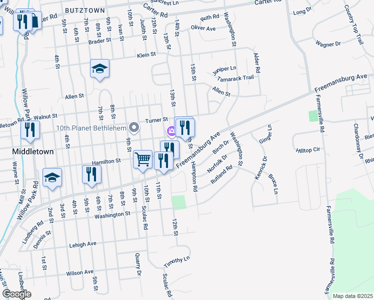 map of restaurants, bars, coffee shops, grocery stores, and more near 1905 14th Street in Bethlehem