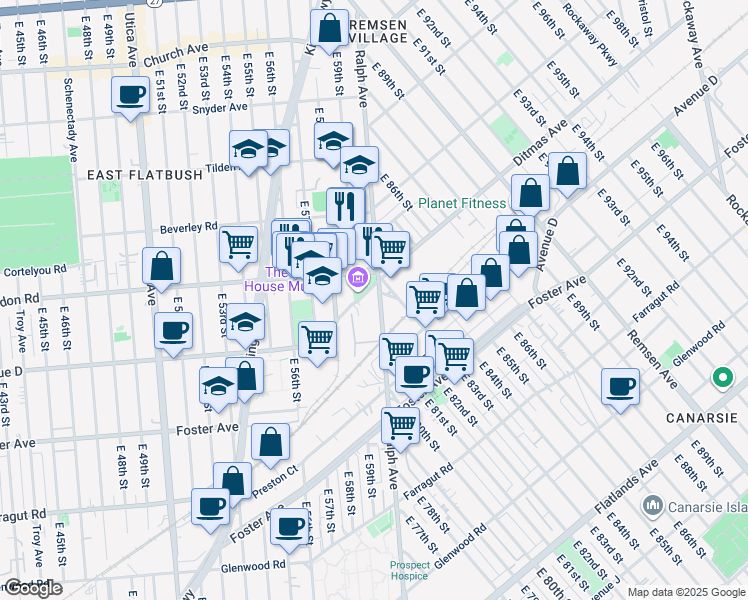 map of restaurants, bars, coffee shops, grocery stores, and more near 1338 Ralph Avenue in Brooklyn