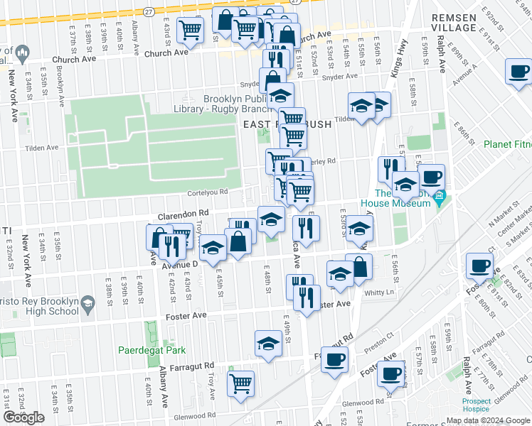 map of restaurants, bars, coffee shops, grocery stores, and more near 4804 Clarendon Road in Brooklyn