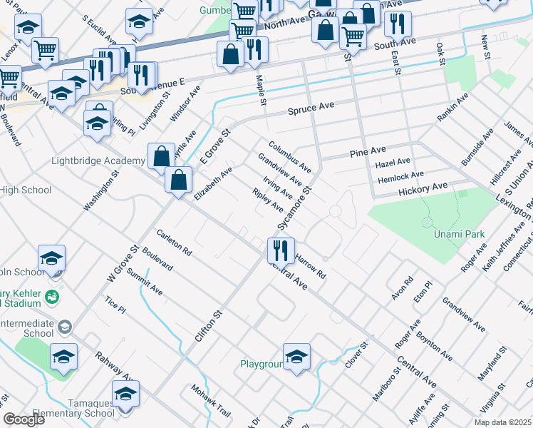 map of restaurants, bars, coffee shops, grocery stores, and more near 1019 Boynton Ave in Westfield