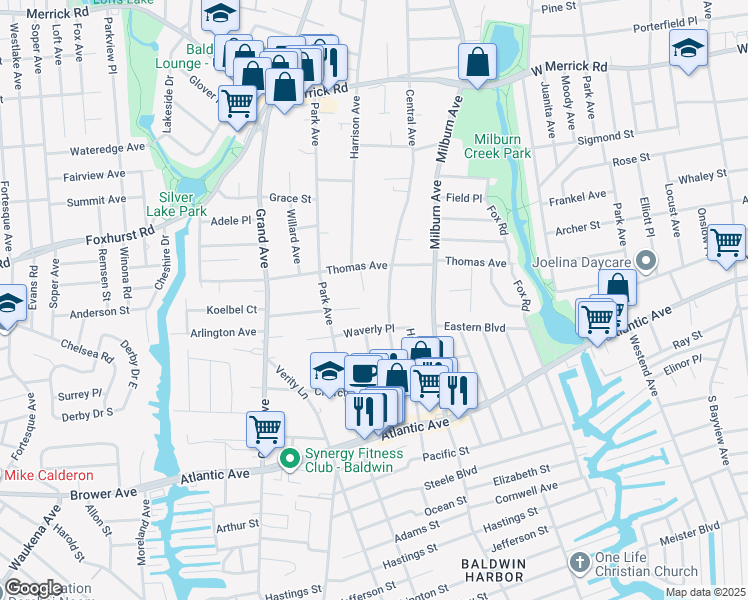 map of restaurants, bars, coffee shops, grocery stores, and more near 2700 Central Avenue in Baldwin