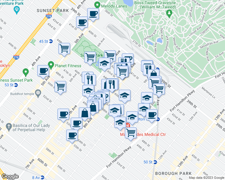 map of restaurants, bars, coffee shops, grocery stores, and more near 4424 8th Avenue in Brooklyn
