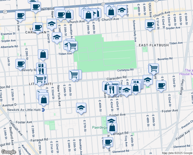 map of restaurants, bars, coffee shops, grocery stores, and more near 3919 Clarendon Road in Brooklyn
