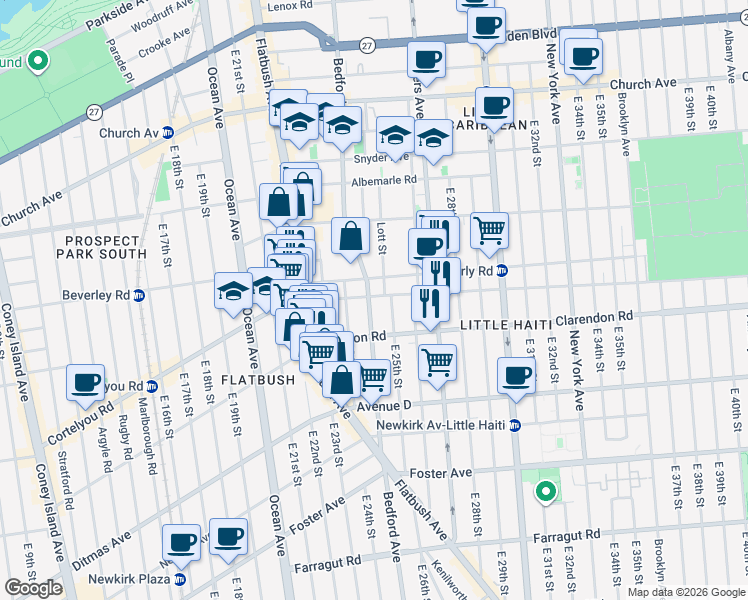 map of restaurants, bars, coffee shops, grocery stores, and more near 2402 Cortelyou Road in Brooklyn