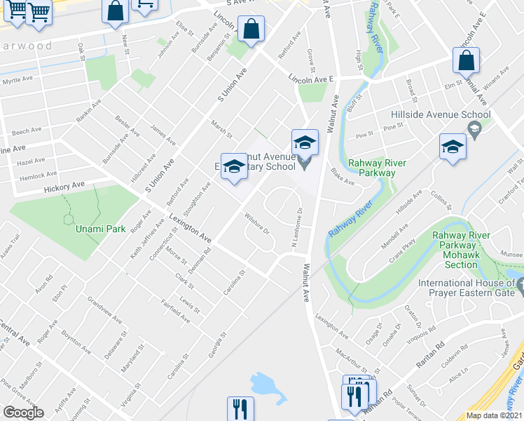 map of restaurants, bars, coffee shops, grocery stores, and more near 48 Lenhome Drive in Cranford